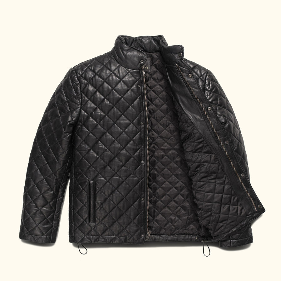 The Highlands Quilted Leather Jacket in black exudes timeless elegance with its meticulously crafted design, perfect for any discerning gentleman.