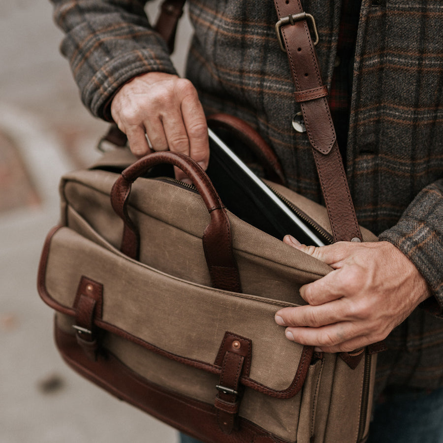 Mens Best Canvas Leather Briefcase Bag Field KHaki