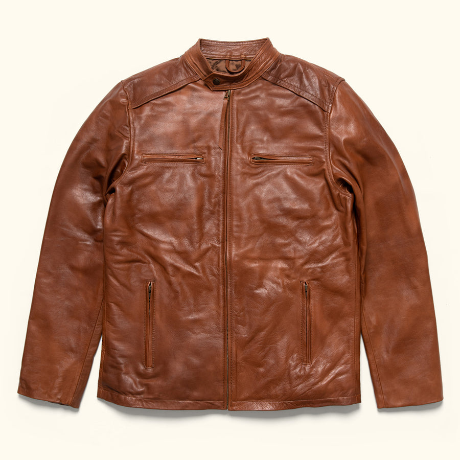 Man wearing leather Moto jacket